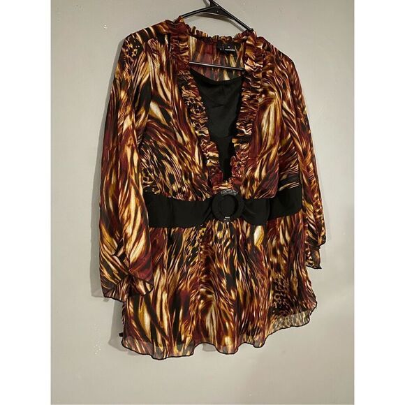 New Directions Animal Print Faux Belt Built In Shirt Ruffles Long Sleeve3X - Picture 2 of 7